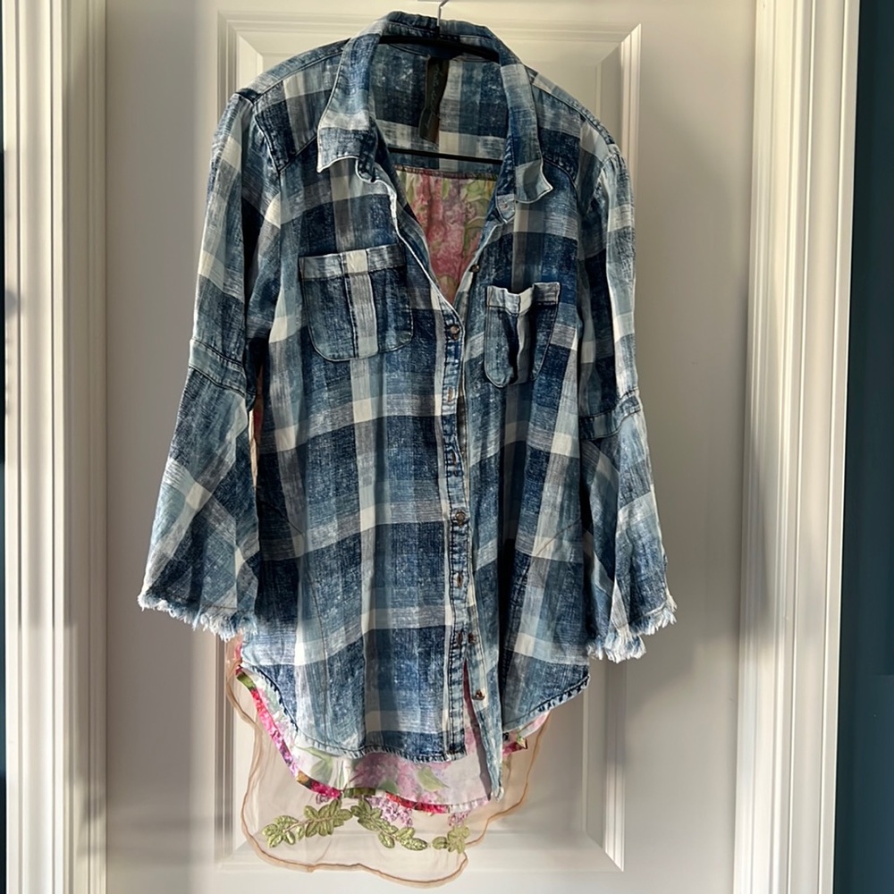 Blue plaid Aratta blouse with floral panel and embroidered gauze overlay in back